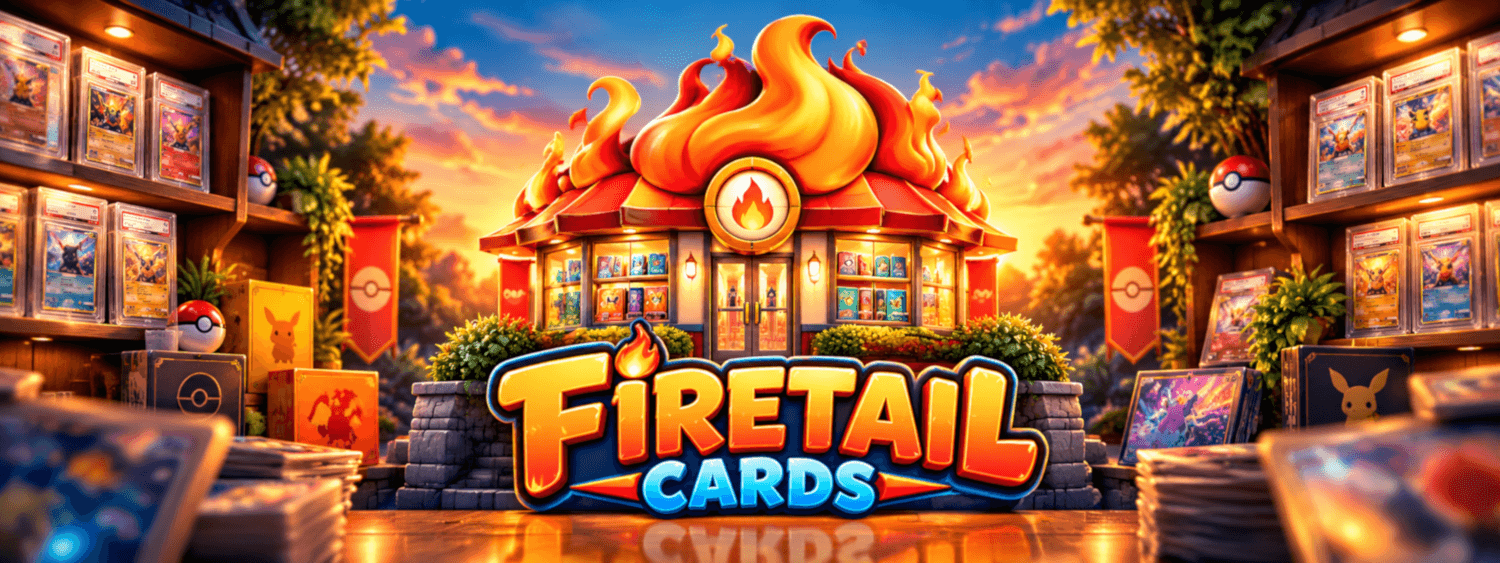 Firetail Cards shop with a flame-shaped roof, warm evening light, and shelves of trading cards